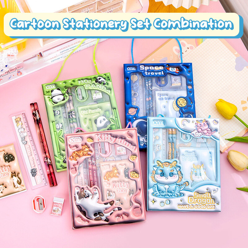 Cartoon Handheld Stationary Set com Pacote de Embalagem, Panda Lápis, Dragon Eraser, Astronaut Ruler, Cat Notebook