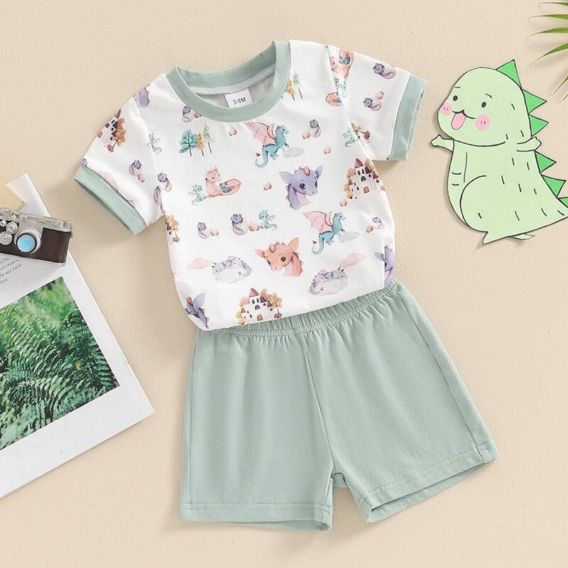 VISgogo Toddler Boy Summer Outfit Cartoon Animal Print Koszulka z krótkim rękawem i elastyczną talią Szorty w jednolitym kolorze