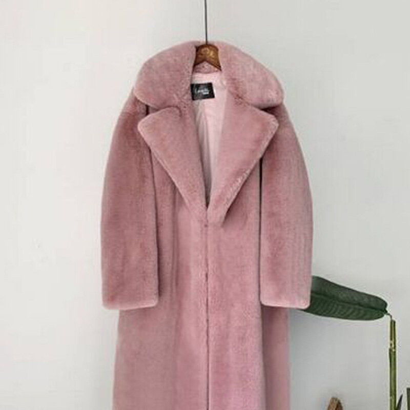 Abrigo holgado de piel sintética de conejo para mujer, abrigo grueso y cálido de felpa con solapa, novedad de invierno, 2023