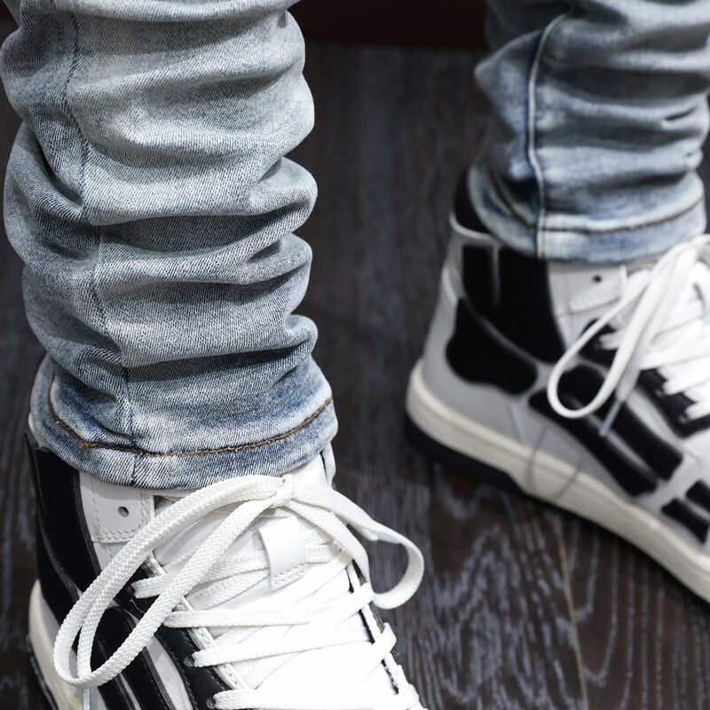 Jeans Délavés artificiel astiques Rétro pour Homme, Pantalon Skinny Fit, Troué, Déchiré, Patché, Designer, Marque Hip Hop, Mode de Rue, Bleu