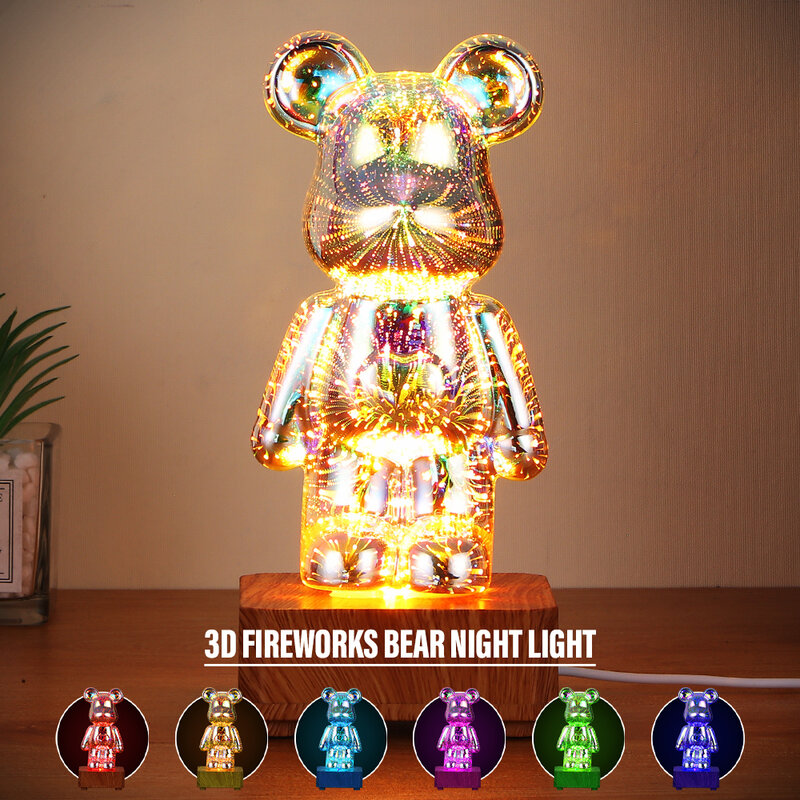 مصباح LED 3D Bear للألعاب النارية ضوء ليلي USB مصباح بروجكتر ملون قابل للتغيير مصباح محيطي مناسب لتزيين غرف نوم الأطفال
