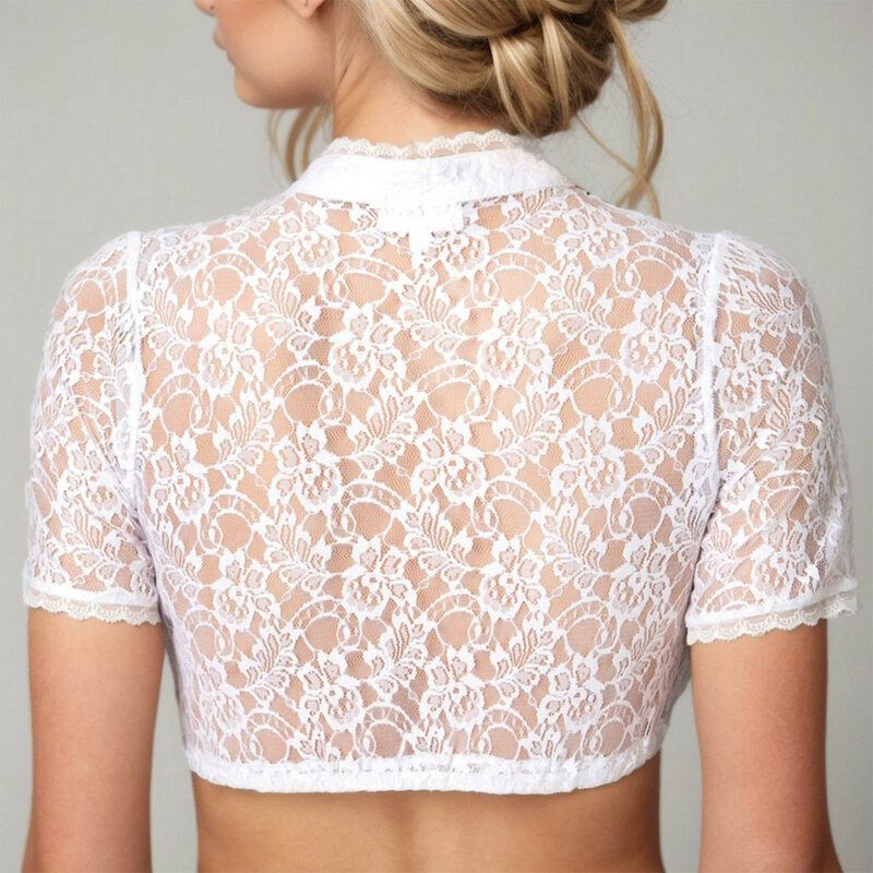 Sexy Floral Lace Oktoberfest Blouse Womens Sexy Hollow Out Traditional Bavarian Beer Crop Tops Transparent Elegant Button Blouse