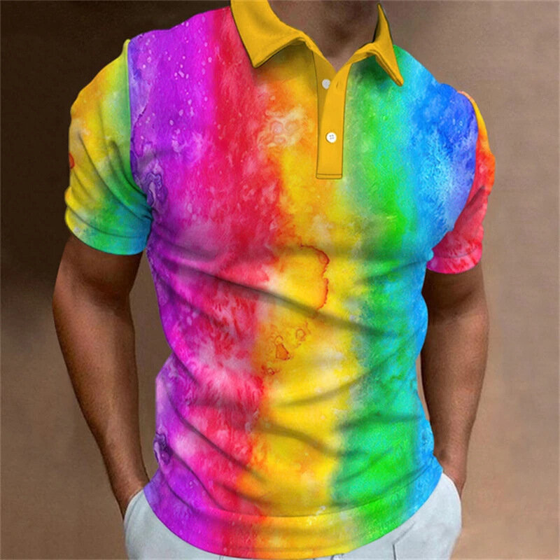 Rainbow 3d Printed Polo Shirt For Men Stripe T-shirts Summer Casual Street Lapel Short Sleeve Tops Loose Polo Shirts Fashion Tee