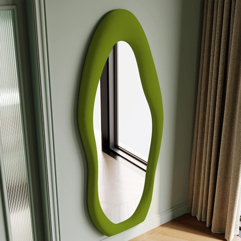 Cermin panjang penuh, dinding 63 inci x 24 inci, cermin lantai bingkai kayu flanel, dinding gantung bergelombang tidak beraturan untuk cermin hijau