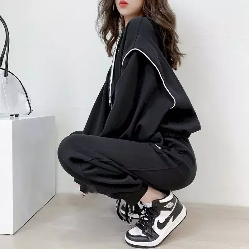 2024 New Casual White Hooded Sweatshirts and Sweatpants Sets WomenKorean Hoodies Oversized Sporty Two Piece Sets Womens Outifits