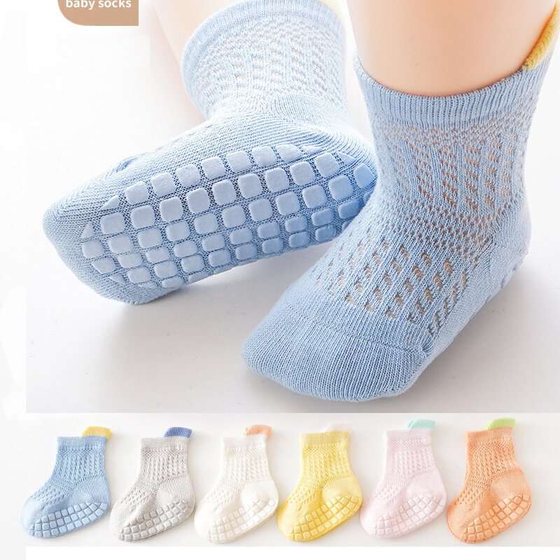 Calcetines de algodón antideslizantes para bebés y niños, medias cortas finas de malla antideslizantes para recién nacidos, 0-3T