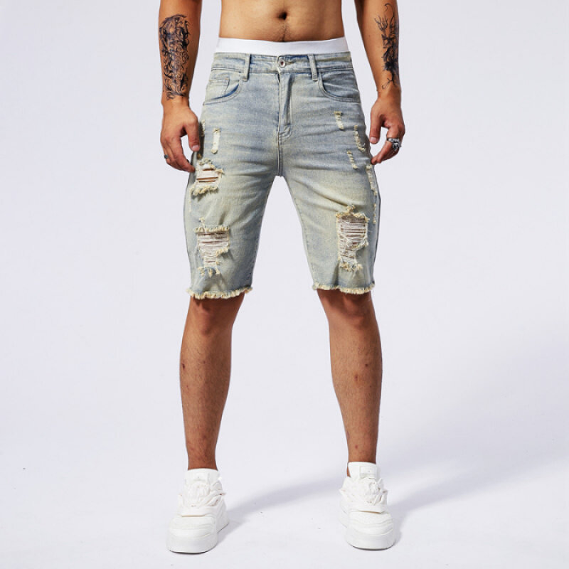 Retro washed nostalgic distressed denim shorts for men's summer slim fit stretch street fashion trend casual capris