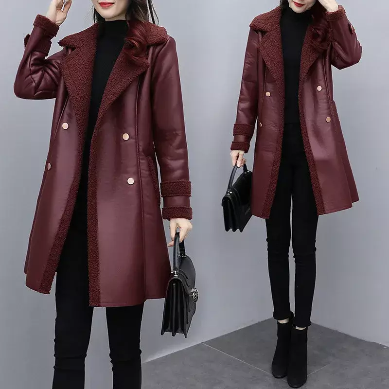 Leather Jacket For Women Fall 2024 New Lace-up Slim Fur Collar Casual Outer Wear Thick Fur Liner Leather Jacket Winter