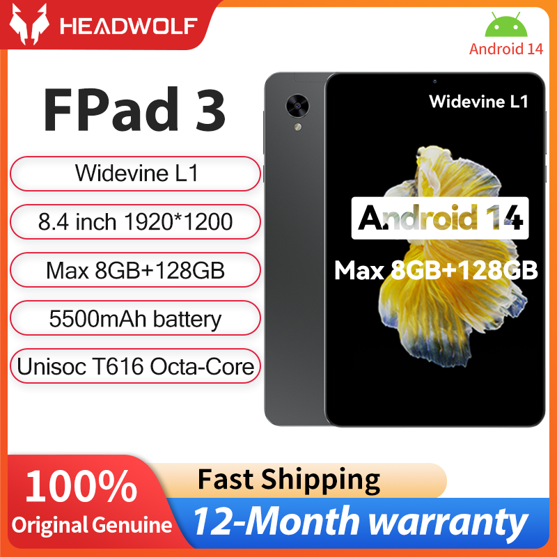 HEADWOLF FPad3 جهاز لوحي بشاشة 8.4 بوصة بنظام Android 14 ودعم Widevine L1 وذاكرة وصول عشوائي سعة 4 جيجابايت + 4 جيجابايت وذاكرة داخلية سعة 128 جيجابايت ومعالج Unisoc T616 ثماني النواة وبطارية سعة 5500 مللي أمبير.
