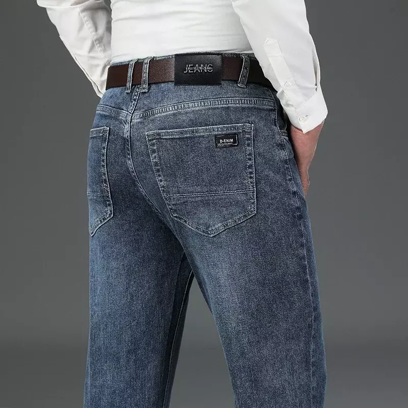 Calça jeans reta masculina de cintura alta, vintage clássico, negócio, casual, calças de algodão, roupas de qualidade, primavera, outono, nova, 2023