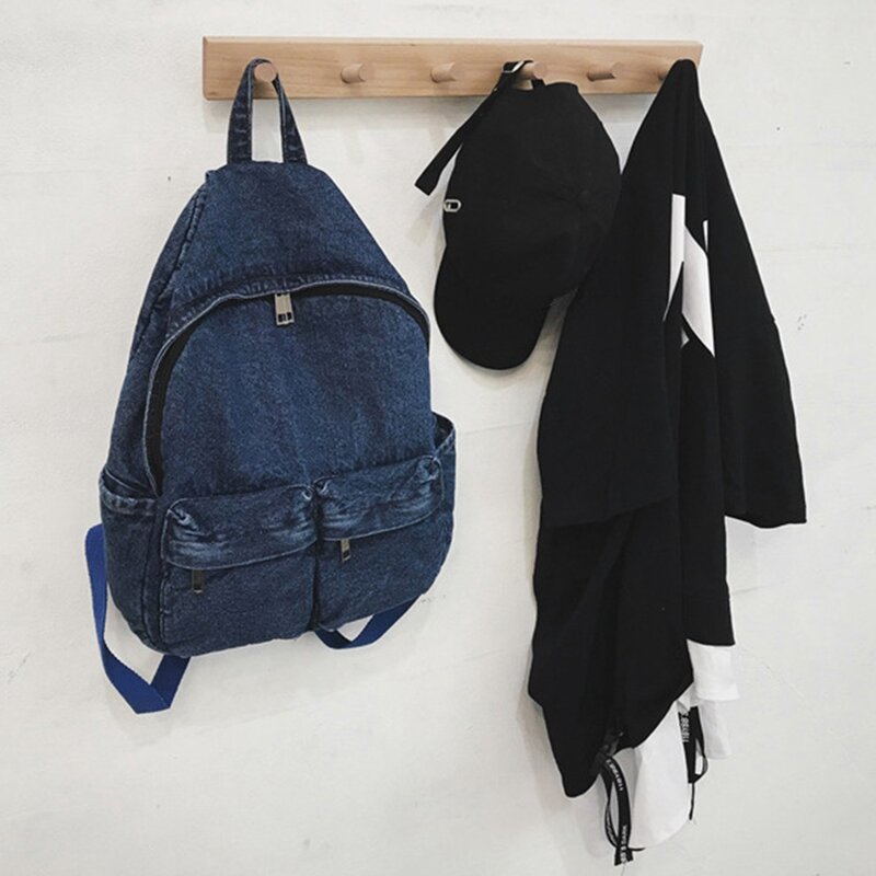Denim Rucksack Leinwand Reisetasche weibliche Mode große Kapazität einfarbigen Rucksack Student Reiß verschluss Schult asche-dunkel