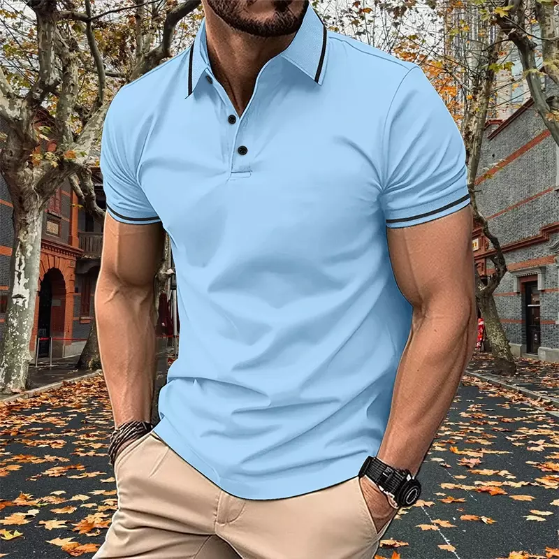 Kaus Polo lengan pendek pria, baju atasan warna solid, kasual modis, nyaman, cepat kering, musim panas untuk lelaki
