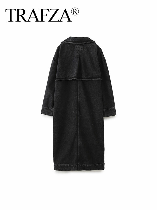 TRAFZA Trendy Black Denim Windbreaker For Women 2024 Spring Vintage Long Sleeves Patchwork Distressed Lapel Loose Vintage Coats