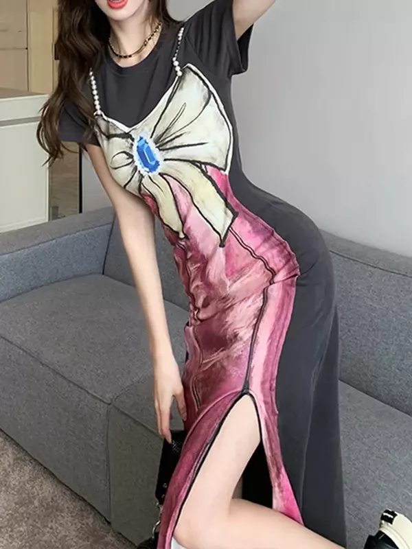 Imitacja dwuczęściowej damska z krótkim rękawem z rozciętym sukienka z okrągłym dekoltem koreańska wersja moda Retro słodka z kokardą, z nadrukiem damska szczupła dopasowana sukienka