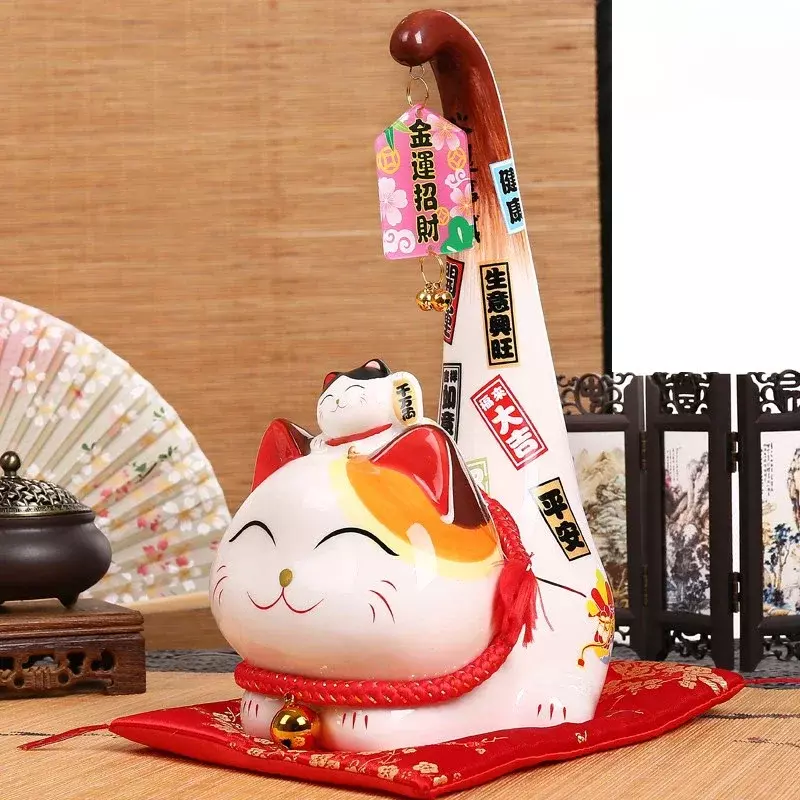 قطة محظوظة سيراميك مانيكي نيكو على الطراز الياباني ، تمثال قطة بذيل طويل كرتوني ، زخرفة فنغ شوي ، ديكور منزلي للأعمال ، 1 *