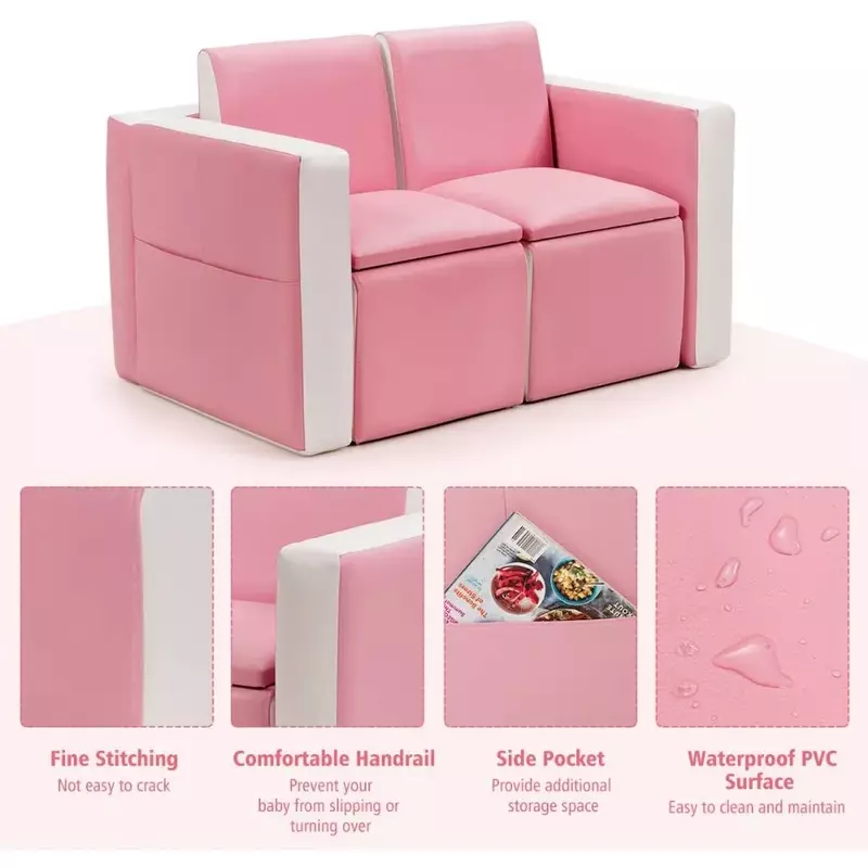 Sofa dla dzieci, 2 w 1 kabriolet na dwie sofa do siedzenia ze schowkiem, szezlong dla dzieci w skóra PVC, różowy i biały