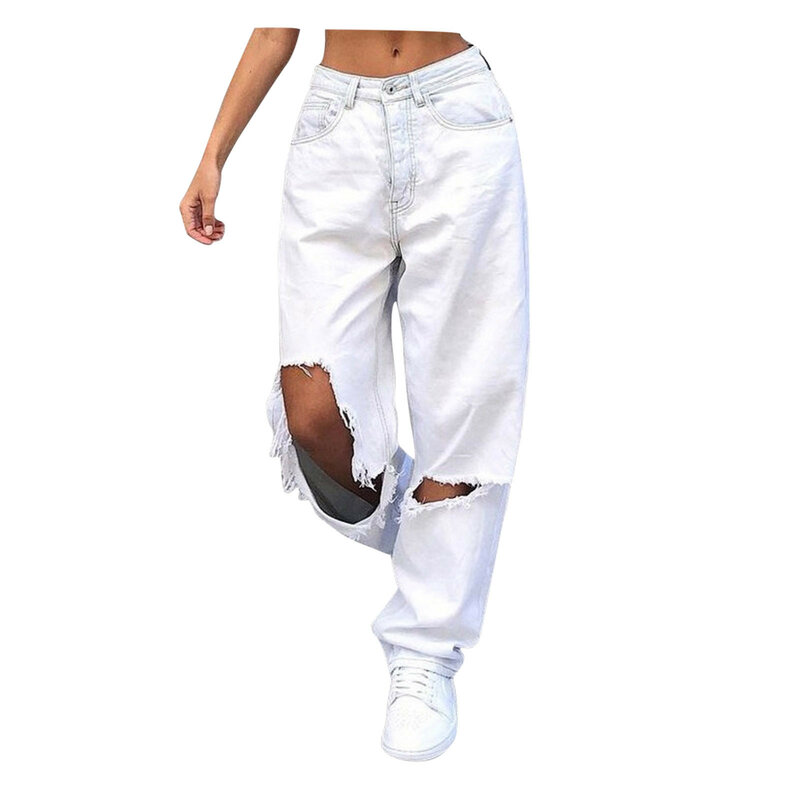 Jeansy Streetwear długie spodnie dżinsy dla kobiet z wysoką talią kieszonkowe elastyczne spodnie dżinsy z dziurami luźny dżins spodnie pantalony