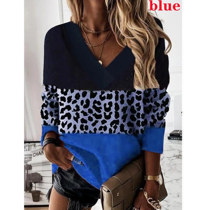 Camiseta con estampado de leopardo para mujer, blusa holgada informal de manga larga con cuello en V y estampado Floral, para primavera y otoño, 2023