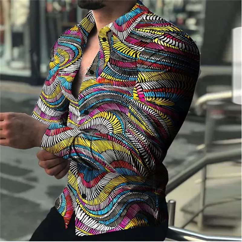 2023 New Men's Vintage Shirt Gradient Stripe Print Outdoor Street Long Sleeve Clothing Fashion Street Clothing Designer Leisure