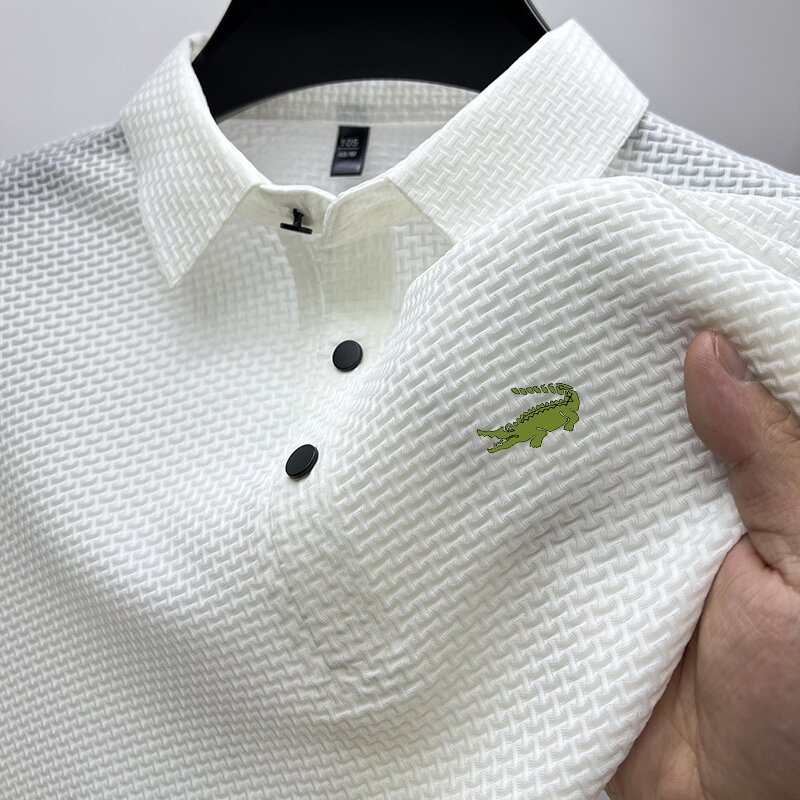 Polo masculino de malha manga curta, bordado, casual, costela, respirável, verão, alta qualidade, gelo, legal, top, t-shir
