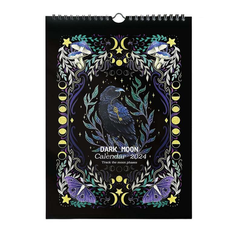 Wandkalender 2024 dunkler Wald 12 Monate 2024 Mondkalender wasserdichter hängender Karton Monats kalender mit Illustrationen