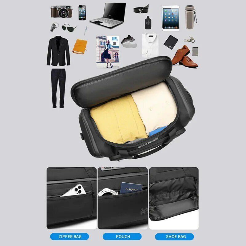 OZUKO-bolsas de viaje de gran capacidad para hombre, bolsos de gimnasio multifunción con zapatos, portátiles, de viaje corto, impermeables, 55L