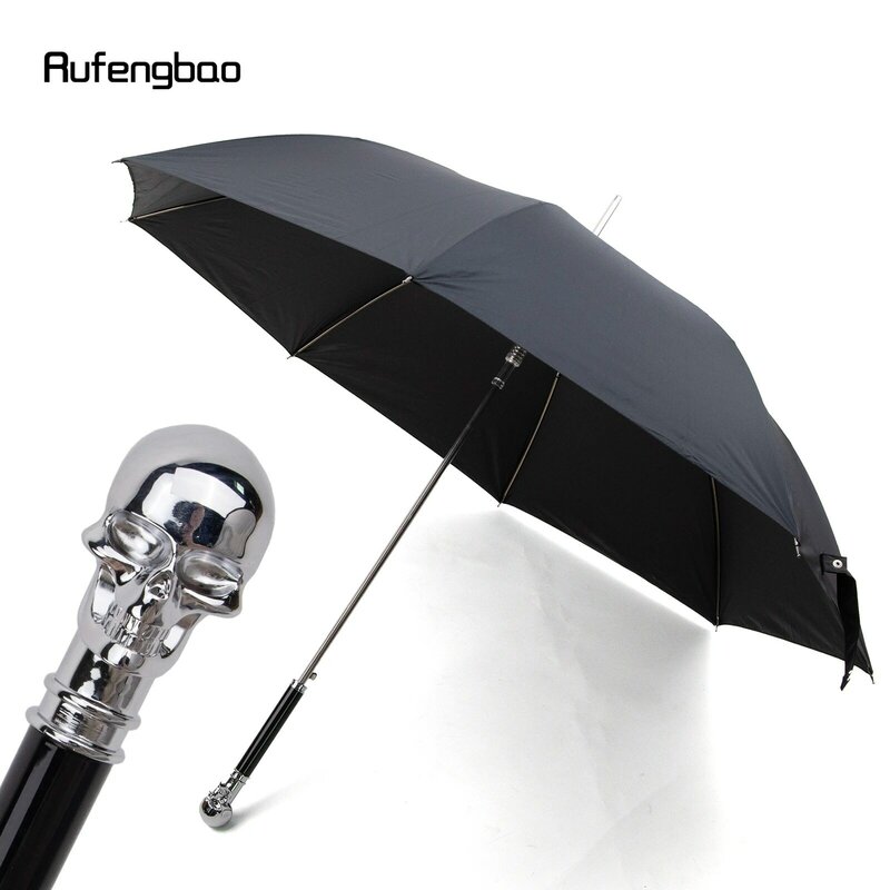 White Skull Head Automatic Windproof Umbrella, Long Handle Enlarged Umbrella for Both Sunny and Rainy Days Walking Stick