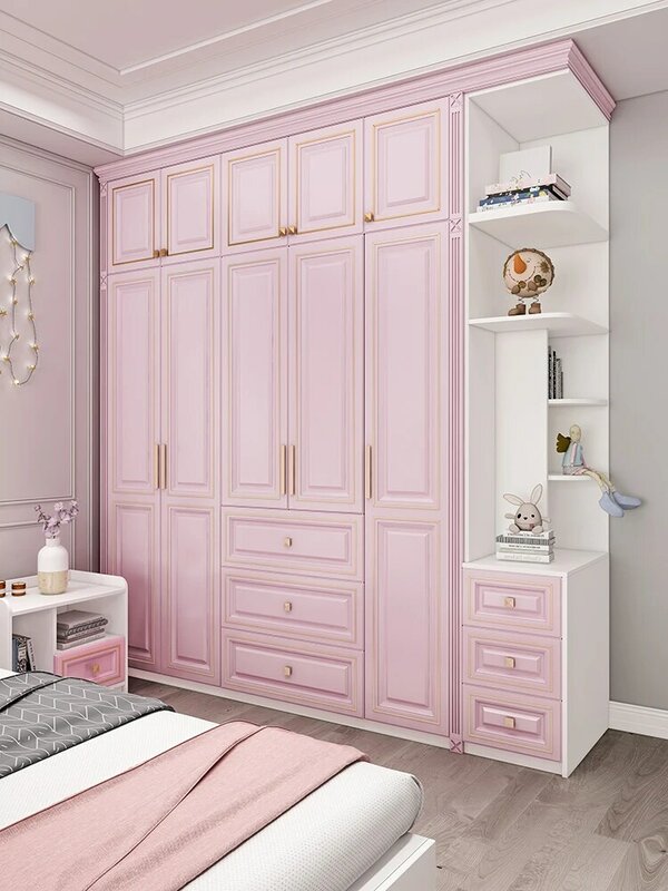 Европейский детский розовый гардероб из цельной древесины, домашняя спальня, угловой гардероб для девочек, простой современный розовый