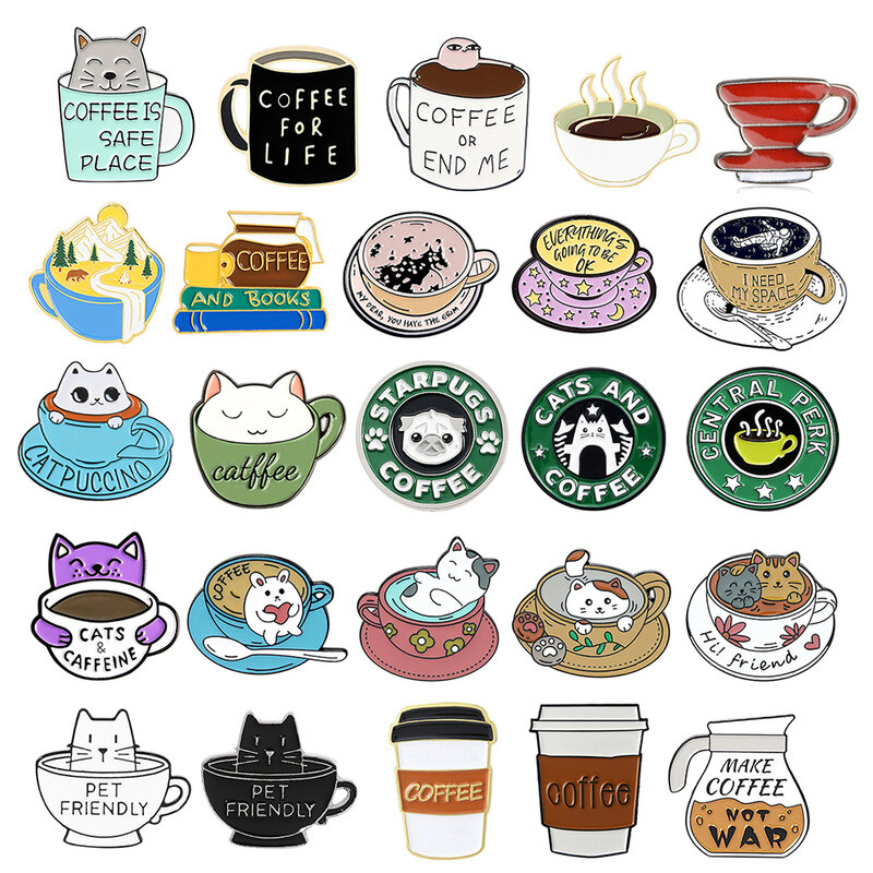 合金エナメル子猫ブローチ、コーヒーカップ、猫、コーヒーショップ、ウェイター、ラペルピン、アクセサリー