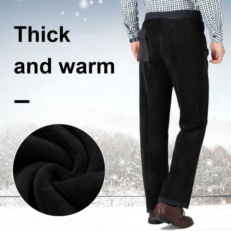 Calça de terno forrado de lã masculina, bolsos elásticos na cintura alta, de meia idade, grossos, monocromáticos, inverno