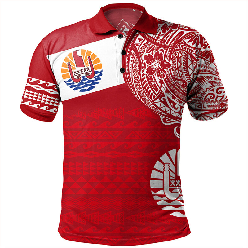 Camisa polo masculina com estampa 3D, brasão, camiseta de mangas curtas, camiseta de lapela, padrão polinésio havaiano, bandeira Kanaka Maoli, moda