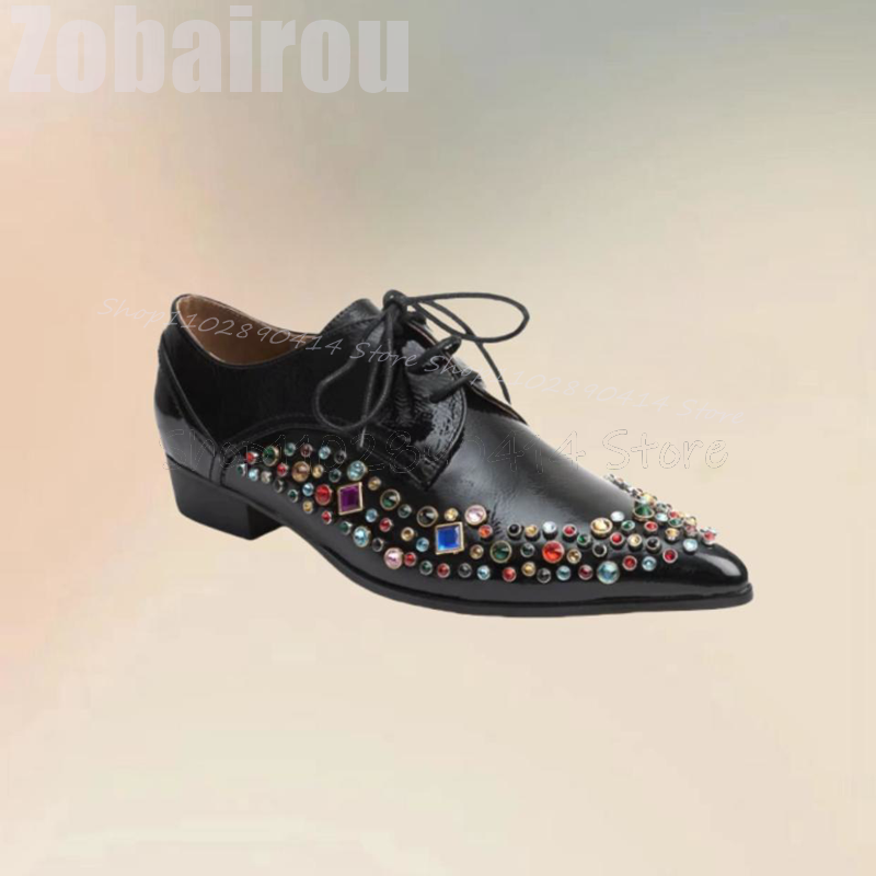 Colorful Crystal Decor Black Pointed Toe Strappy Men Shoes Fashion Lace Up Male Shoes Luxury Handmade Banquet Men Casual Shoes
