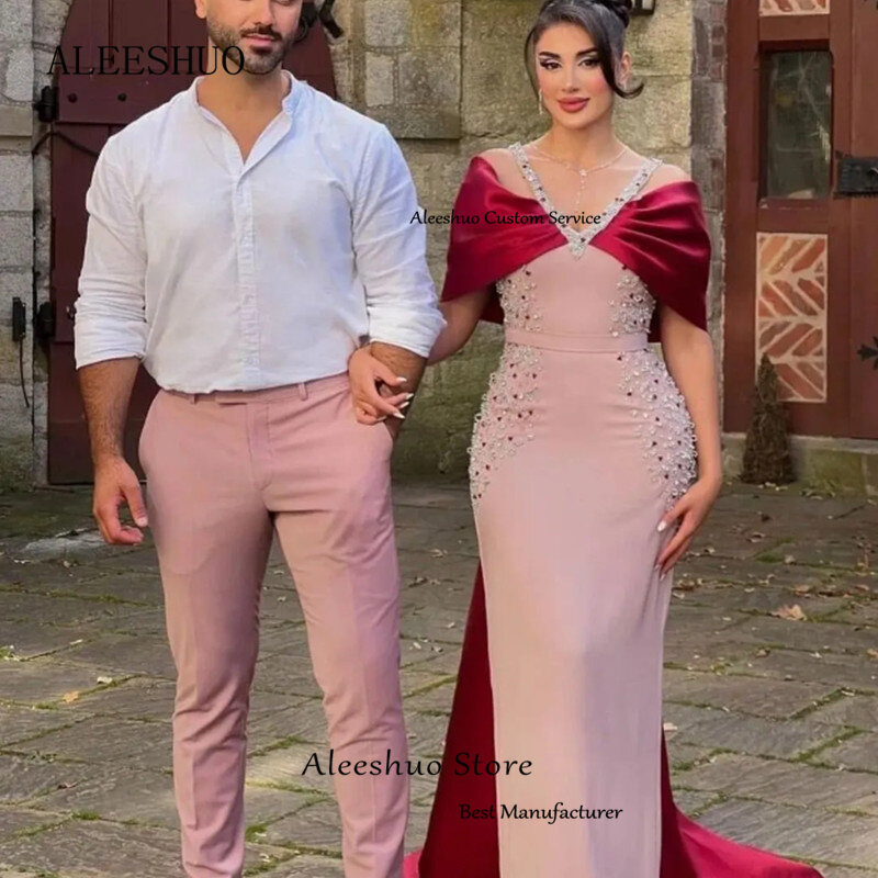 Aleeshuo-vestido de noite sereia para mulheres, vestido árabe luxuoso, bordô rosa, com apliques, cinta de espaguete, vestido de baile, 2024