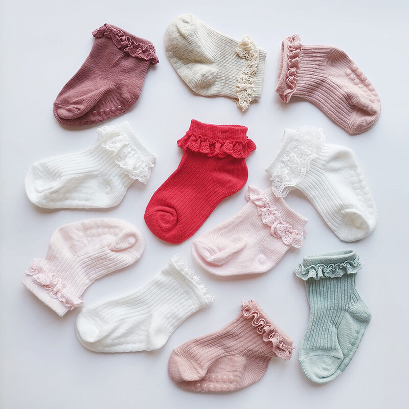 3คู่/ล็อตถุงเท้าเด็กทารกถุงเท้าทารกผ้าฝ้ายสีทึบ Ruffle ถุงเท้าเดินพื้นเด็กทารกเด็ก KAOS Kaki Anak Perempuan เสื้อผ้าอุปกรณ์เสริม