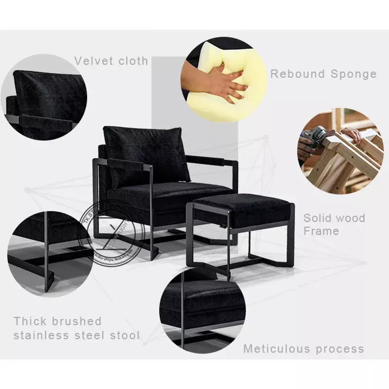 Postmodernistyczny prosty metalowa rama pojedyncza sofa niski stołek fotel wypoczynkowy zestaw aksamitnych sofa materiałowa