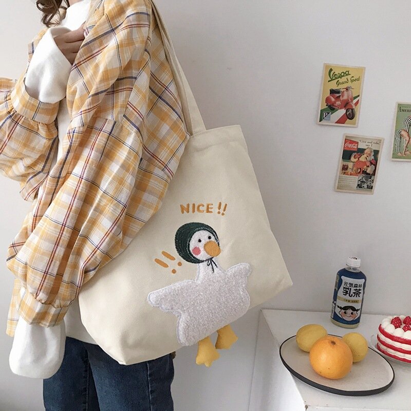 Ins Duck-Bolso de lona bordado, bolsa de un solo hombro, suave, bonita, de gran capacidad, para compras, escuela, novedad de verano, 2024