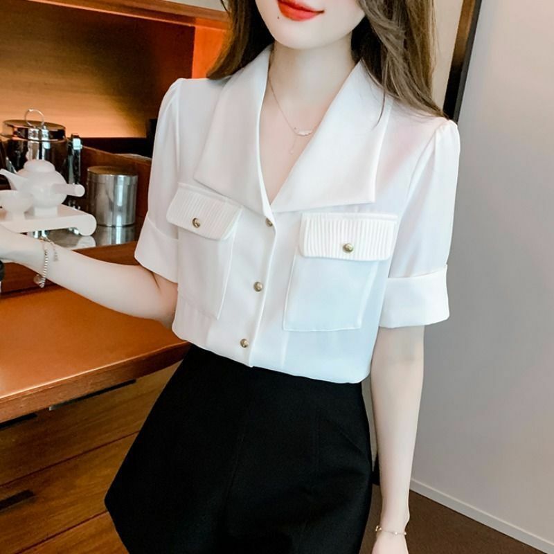 Modna, z klapami bluzki z szyfonu z krótkim rękawem damskie letnie 2024 nowe dojeżdżające do pracy w jednolitym kolorze połączone z kieszeniami jednorzędowe koszule
