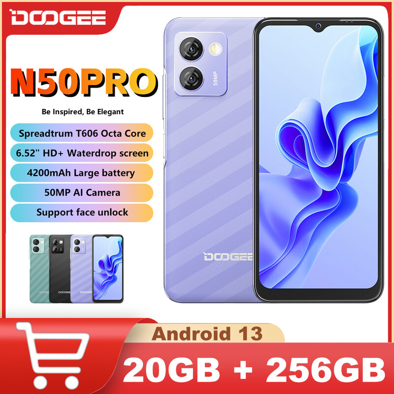 Doogee N50โปรมาร์ทโฟน8gbram 256GB ROM spreadtrum T606 OCTA Core 6.52 "HD + Display 50MP 4200mAh โทรศัพท์มือถือ Android 13.0