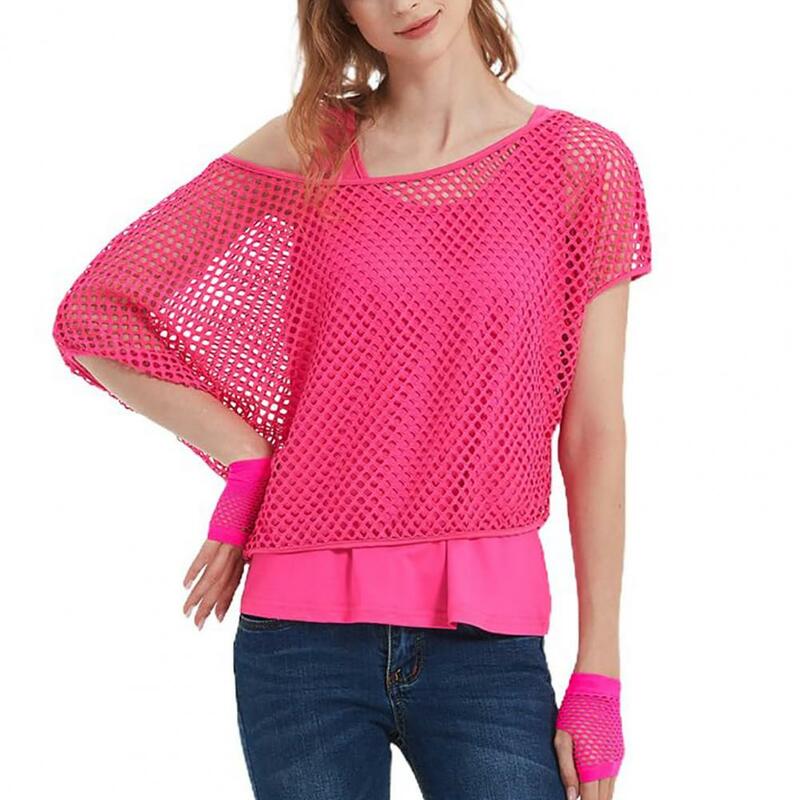 เสื้อกั๊กผ้าตาข่ายผู้หญิงชุดเสื้อผ้าตาข่าย80S เสื้อครอปคอโอแขนสั้นสีสดใสสำหรับผู้หญิง