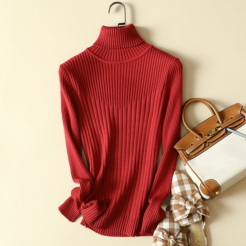 Suéter de punto liso para mujer, jerseys de cuello alto, elástico, combina con todo, elegante, de oficina, alta calidad, Invierno