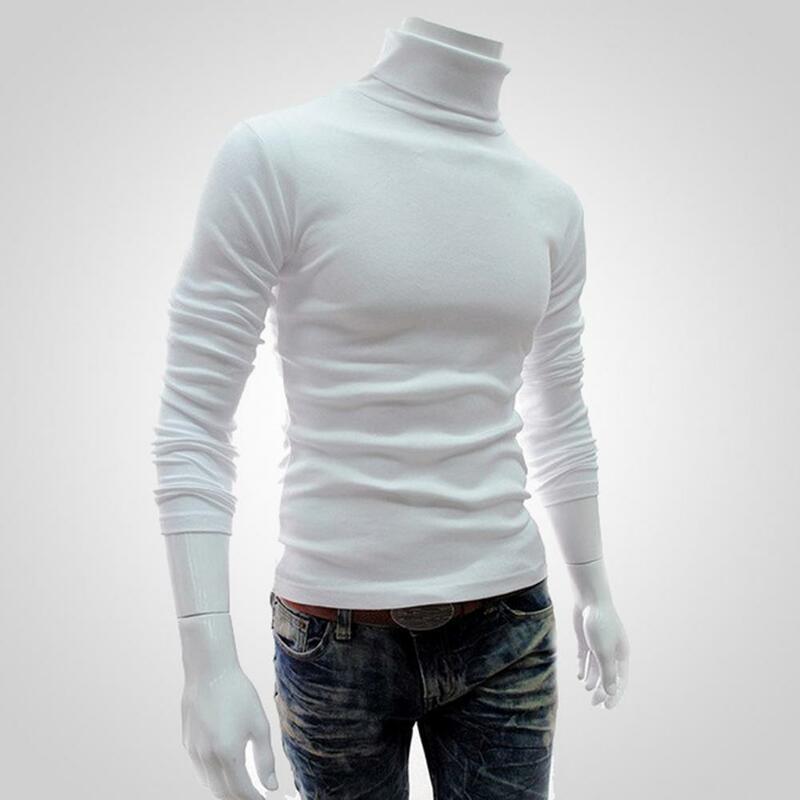 Pulôver de manga comprida gola alta masculino, camisa elástica de malha leve, monocromática, streetwear elegante