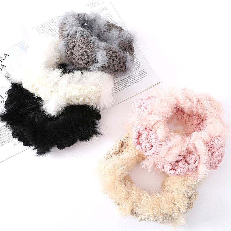 Rabbit Fur Elastic Earmuff, peludo malha cabeça Wrap, Hairband macio, Crochet, Quente, Casual, Versátil, Moda, Ins Style, Inverno