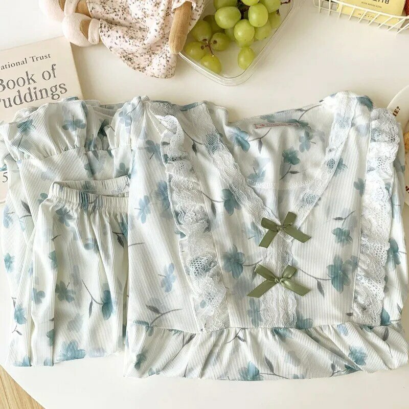 Latest Pyjamas Plus Size Spring Fall Pajamas Ice Silk Long Sleeve Nightdress Ladies Loose Home Wear Set V-neck Floral Sleepwear