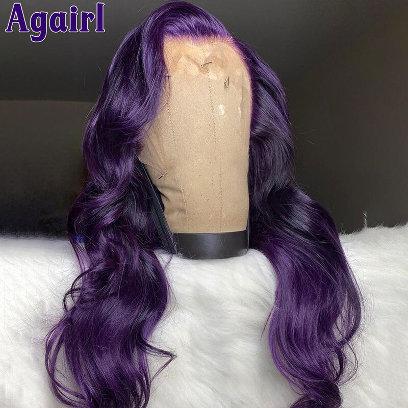Renda penuh ungu gelap 13x6 13x4 rambut manusia gelombang tubuh Wig Frontal untuk WANITA HITAM telah ditanami Wig penutup renda