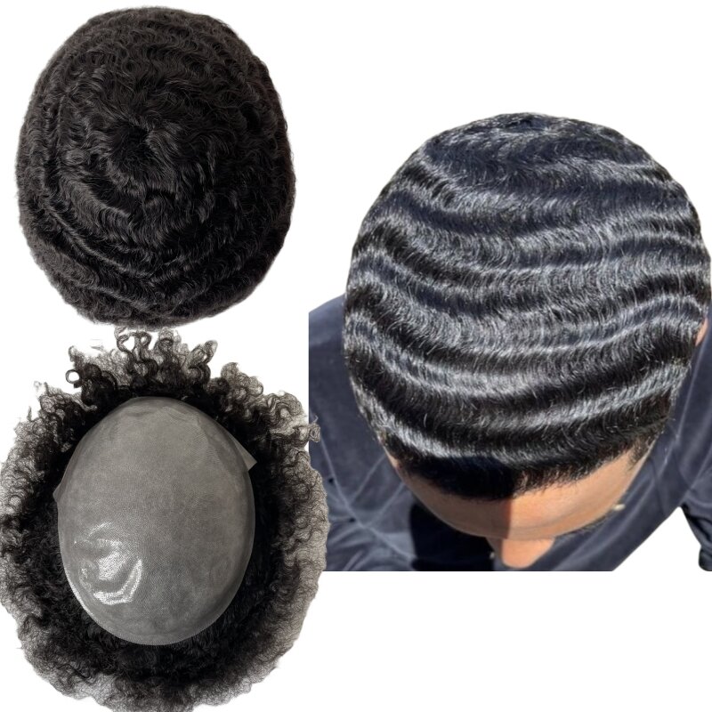 Sostituzione dei capelli umani vergini indiani 1 # Jet Black Color 12mm Wave Knots Skin Unit 8x10 Full PU Toupee per uomini neri