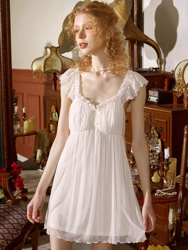 Camisón de princesa francesa Vintage para mujer, ropa de dormir sin mangas de Modal, vestido de noche victoriano con volantes de hadas, Verano