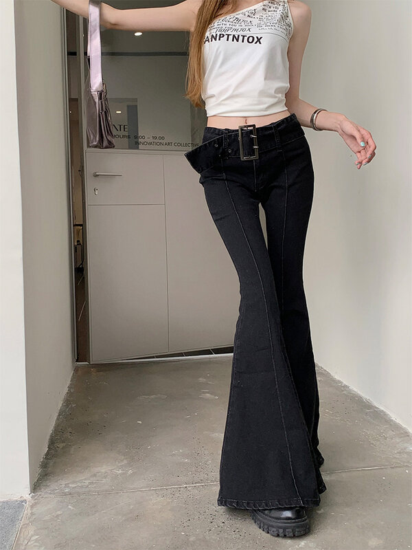 Amerykański Retro jeansy rozkloszowane z niskim stanem E-girl dopasowane spodnie damskie modne czarne bawełniane spodnie spodnie denimowe główna ulica Y2K