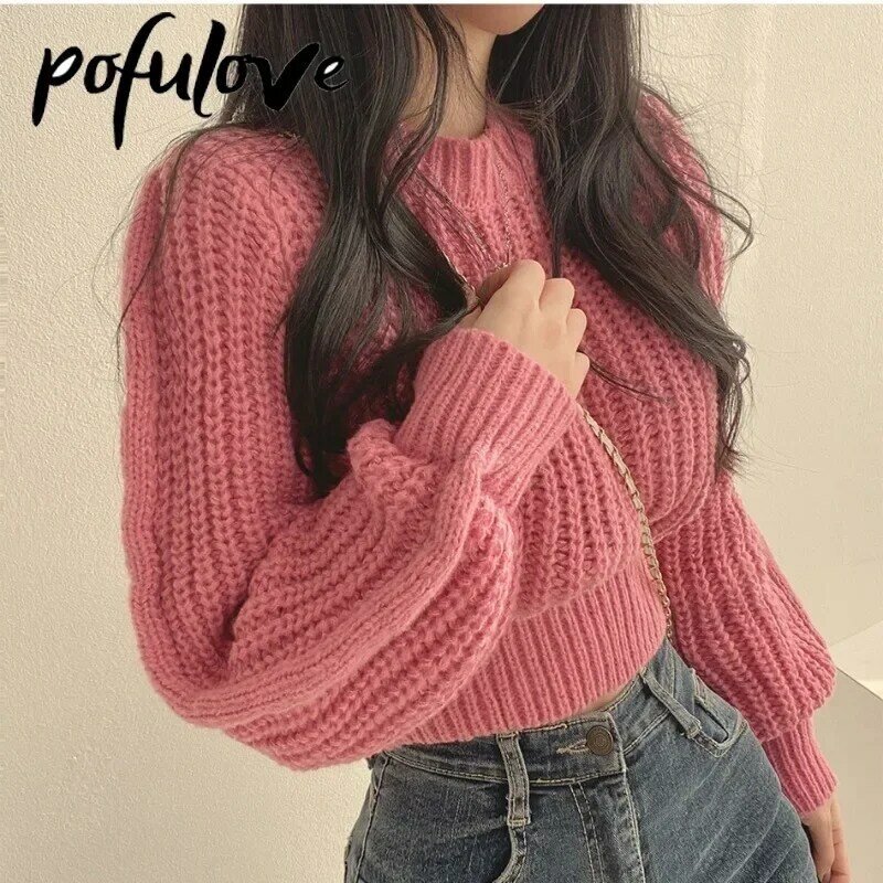 Knitted Sweater Pullovers New Design Cute Sweet Japan Girls Solid O Neck Short Crop Knit Tops 4 Colors 2023 Winter Autumn