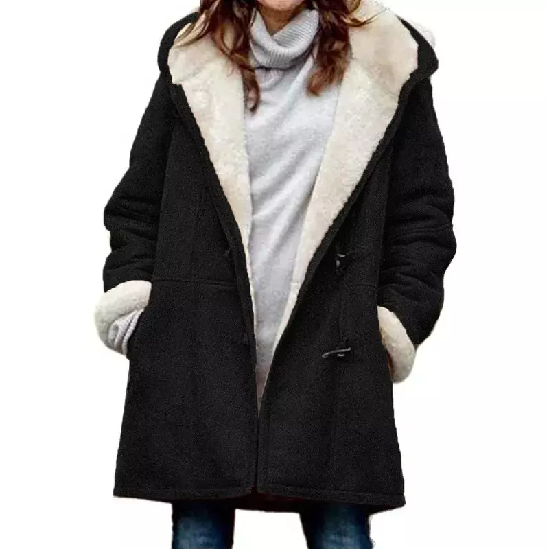 Langer warmer Damen mantel mit Horn knopf und Fleece mit Kapuze und dickem Freizeit mantel