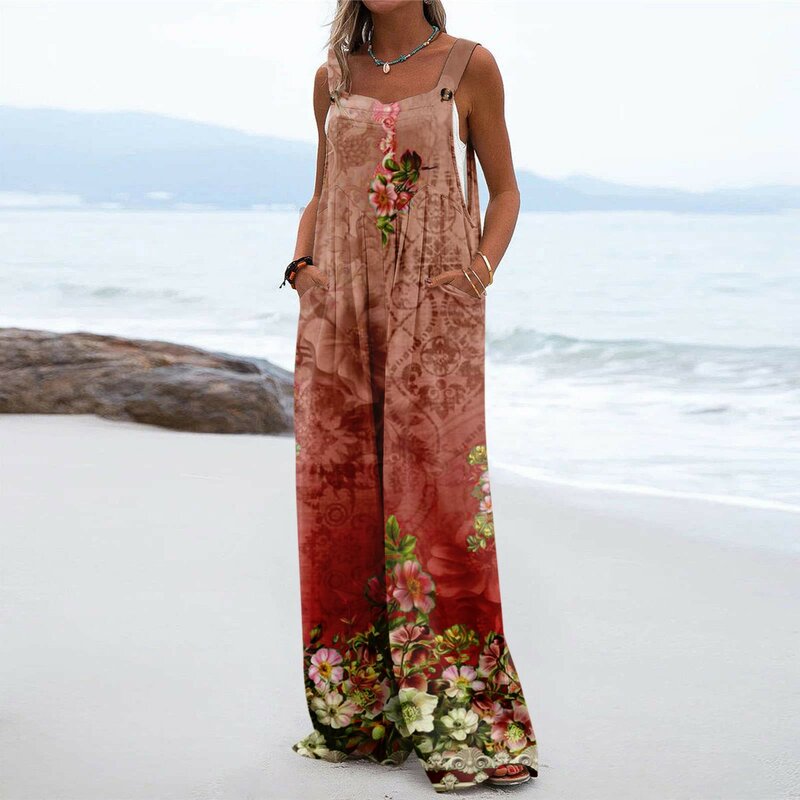 Wide Leg Printed Jumpsuits Sleeveless Straps Outfits Women Casual Jumpsuits Loose Button With Pockets Fashion Overalls Female